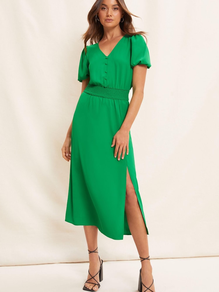Friends Like These Green Plain Puff Sleeve Ruched Waist V Neck Midi Summer Dress - Image 1 of 4