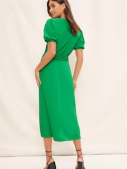 Friends Like These Green Plain Puff Sleeve Ruched Waist V Neck Midi Summer Dress - Image 2 of 4