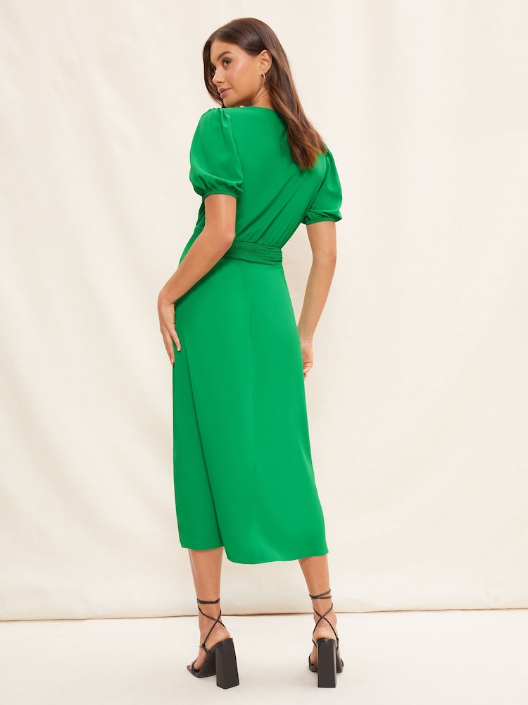Friends Like These Green Plain Puff Sleeve Ruched Waist V Neck Midi Summer Dress - Image 6 of 6 Friends Like These Green Plain Puff Sleeve Ruched Waist V Neck Midi Summer Dress - Image 6 of 6