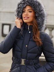 Lipsy Navy Blue Short Belted Fur Hood Padded Coat - Image 2 of 4