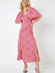 Dusk Red & Pink Ditsy Floral Satin Midi Dress - Image 1 of 5
