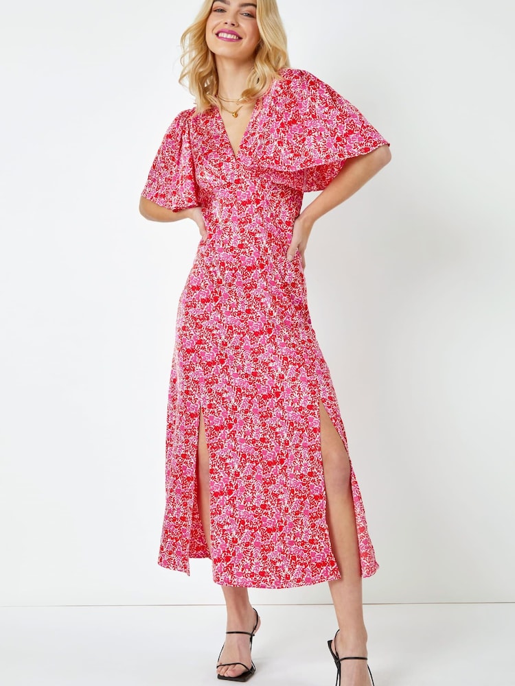 Dusk Red & Pink Ditsy Floral Satin Midi Dress - Image 1 of 5