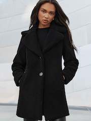 Lipsy Black Oversized Collar Button Pocket Teddy Coat - Image 1 of 4