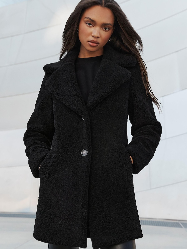 Lipsy Black Oversized Collar Button Pocket Teddy Coat - Image 1 of 4