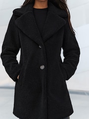 Lipsy Black Oversized Collar Button Pocket Teddy Coat - Image 3 of 4