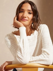 Love & Roses Ivory White Pointelle Knit Scallop Neck Jumper - Image 1 of 4