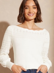 Love & Roses Ivory White Pointelle Knit Scallop Neck Jumper - Image 2 of 4
