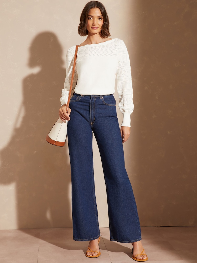 Love & Roses Ivory White Pointelle Knit Scallop Neck Jumper - Image 4 of 4