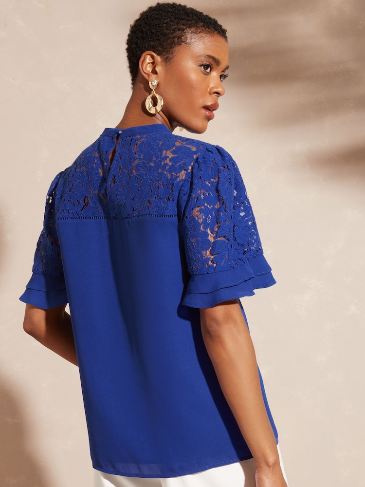 Love & Roses Cobalt Blue Petite Lace Mix Yoke High Neck Ruffle Sleeve Top - Image 2 of 3