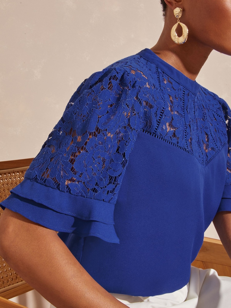 Love & Roses Cobalt Blue Petite Lace Mix Yoke High Neck Ruffle Sleeve Top - Image 3 of 3