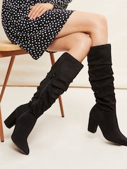 Friends Like These Black Wide Fit Block Mid Heeled Ruched Long Boots - Image 1 of 5