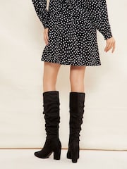 Friends Like These Black Wide Fit Block Mid Heeled Ruched Long Boots - Image 3 of 5