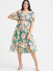 Scarlett & Jo Grey Pink Floral Victoria Angel Sleeve Mesh Midi Dress - Image 1 of 4