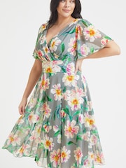 Scarlett & Jo Grey Pink Floral Victoria Angel Sleeve Mesh Midi Dress - Image 2 of 4