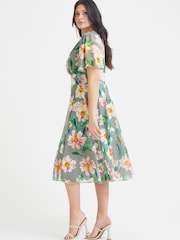 Scarlett & Jo Grey Pink Floral Victoria Angel Sleeve Mesh Midi Dress - Image 3 of 4