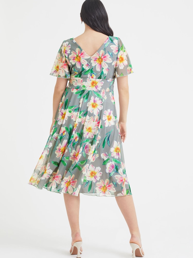 Scarlett & Jo Grey Pink Floral Victoria Angel Sleeve Mesh Midi Dress - Image 4 of 4