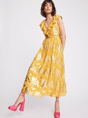 VILA Yellow Floral Foil Print Ruffle Occasion Maxi Dress - Image 1 of 1