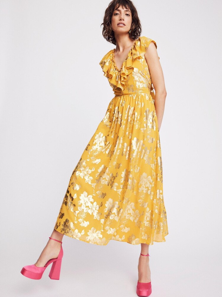 VILA Yellow Floral Foil Print Ruffle Occasion Maxi Dress - Image 1 of 1 VILA Yellow Floral Foil Print Ruffle Occasion Maxi Dress - Image 1 of 1