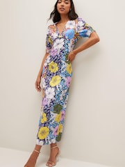 VILA Blue Mixed Floral Print Satin Maxi Dress - Image 1 of 7