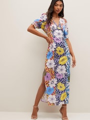 VILA Blue Mixed Floral Print Satin Maxi Dress - Image 2 of 7