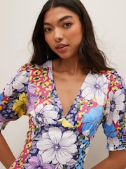VILA Blue Mixed Floral Print Satin Maxi Dress - Image 4 of 7