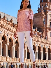 Sosandar Pink Sequin Bardot Short Sleeve Top - Image 4 of 6