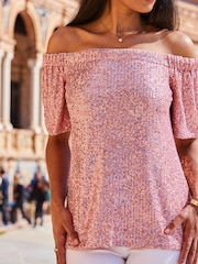 Sosandar Pink Sequin Bardot Short Sleeve Top - Image 6 of 6