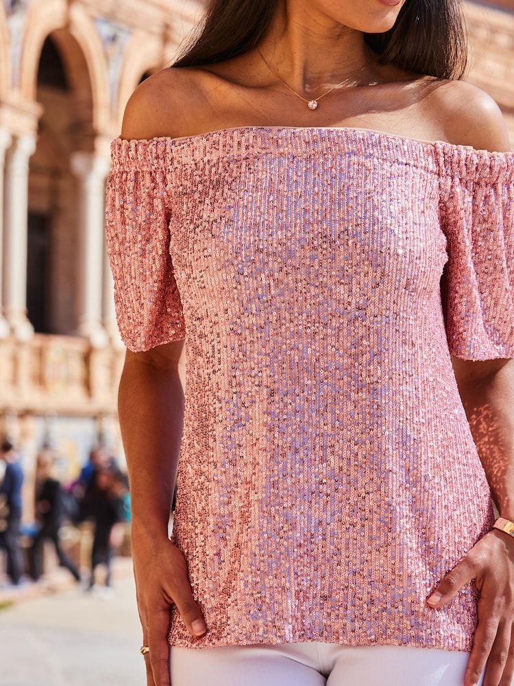 Sosandar Pink Sequin Bardot Short Sleeve Top - Image 6 of 6 Sosandar Pink Sequin Bardot Short Sleeve Top - Image 6 of 6