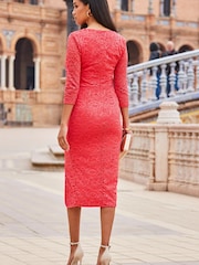 Sosandar Red Lace V Neck Split Hem Midi Dress - Image 4 of 6