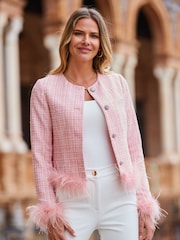 Sosandar Pink Boucle Feather Trim Jacket - Image 1 of 6