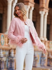 Sosandar Pink Boucle Feather Trim Jacket - Image 4 of 6