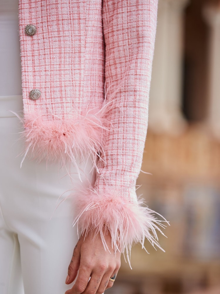 Sosandar Pink Boucle Feather Trim Jacket - Image 6 of 6