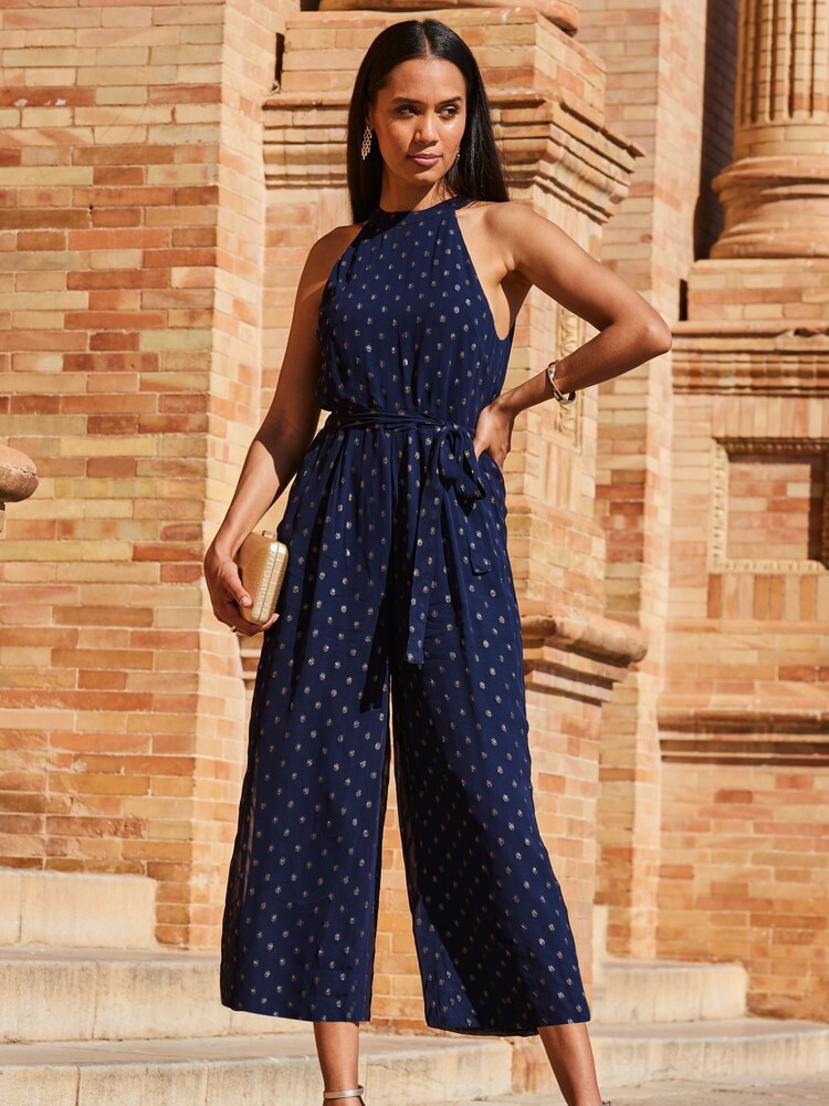 Sosandar Blue Spot Halterneck Jumpsuit - Image 1 of 4 Sosandar Blue Spot Halterneck Jumpsuit - Image 1 of 4
