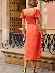 Sosandar Pink Sweetheart Neck Fit And Flare Midi Dress Contains Linen - Image 3 of 5