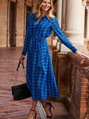 Sosandar Blue Geo Rever Collar Belted Midi Shirt Dress - Image 1 of 5