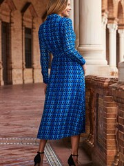 Sosandar Blue Geo Rever Collar Belted Midi Shirt Dress - Image 3 of 5
