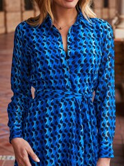 Sosandar Blue Geo Rever Collar Belted Midi Shirt Dress - Image 4 of 5