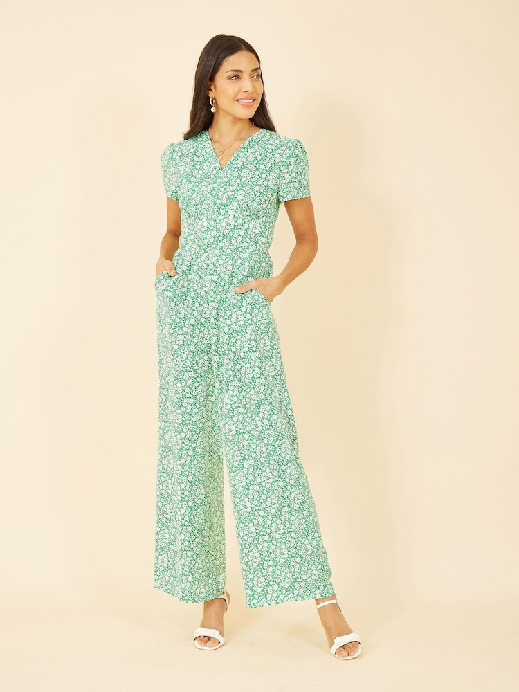 Yumi Green Multi Ditsy Floral Wrap Jumpsuit - Image 1 of 5