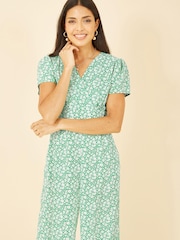 Yumi Green Multi Ditsy Floral Wrap Jumpsuit - Image 2 of 5