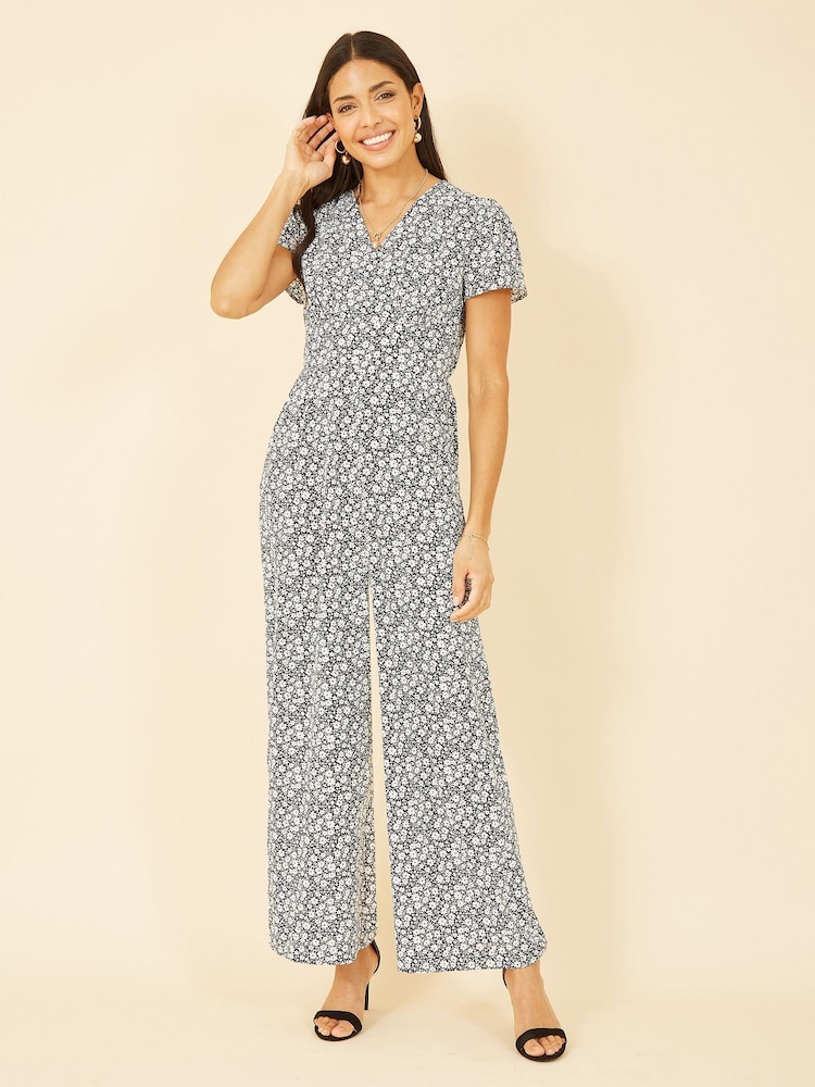 Yumi Black Multi Ditsy Floral Wrap Jumpsuit - Image 1 of 4