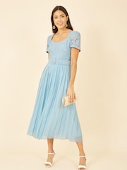 Yumi Blue Lace Dress With Pleated Skirt and Belt - Image 1 of 4