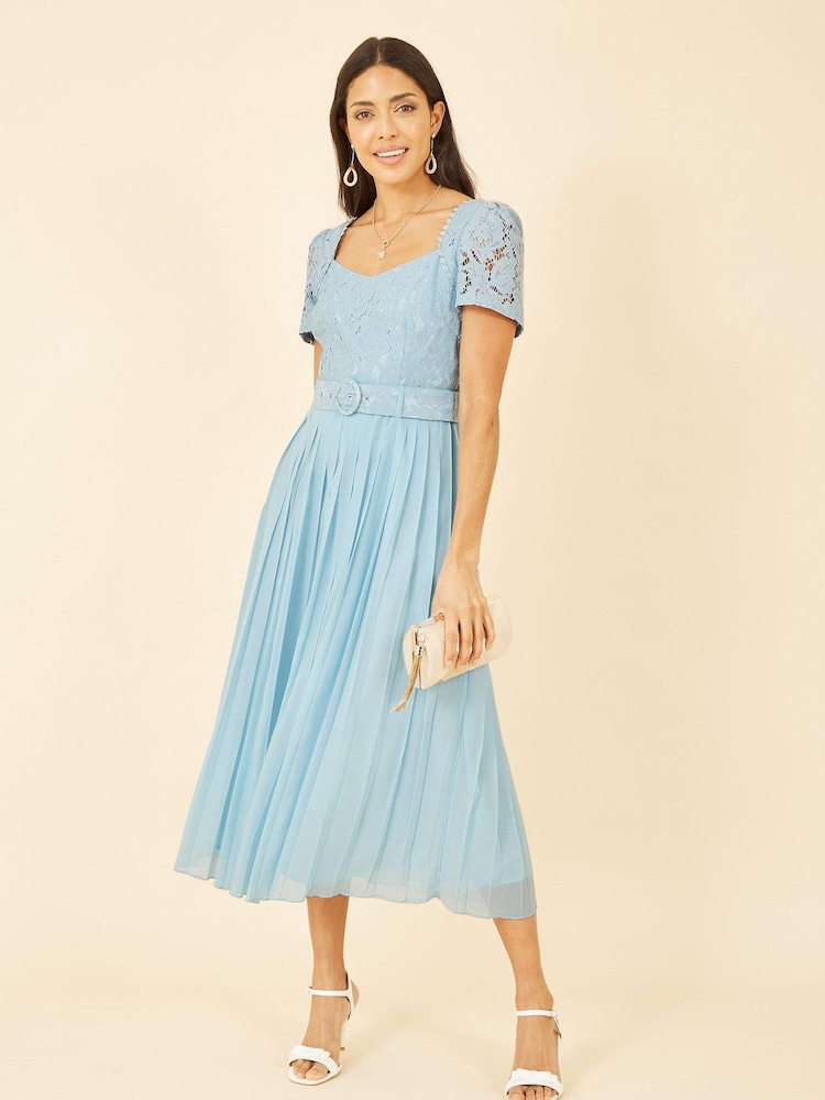 Yumi Blue Lace Dress With Pleated Skirt and Belt - Image 1 of 4