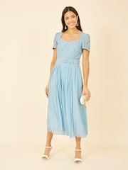 Yumi Blue Lace Dress With Pleated Skirt and Belt - Image 2 of 4