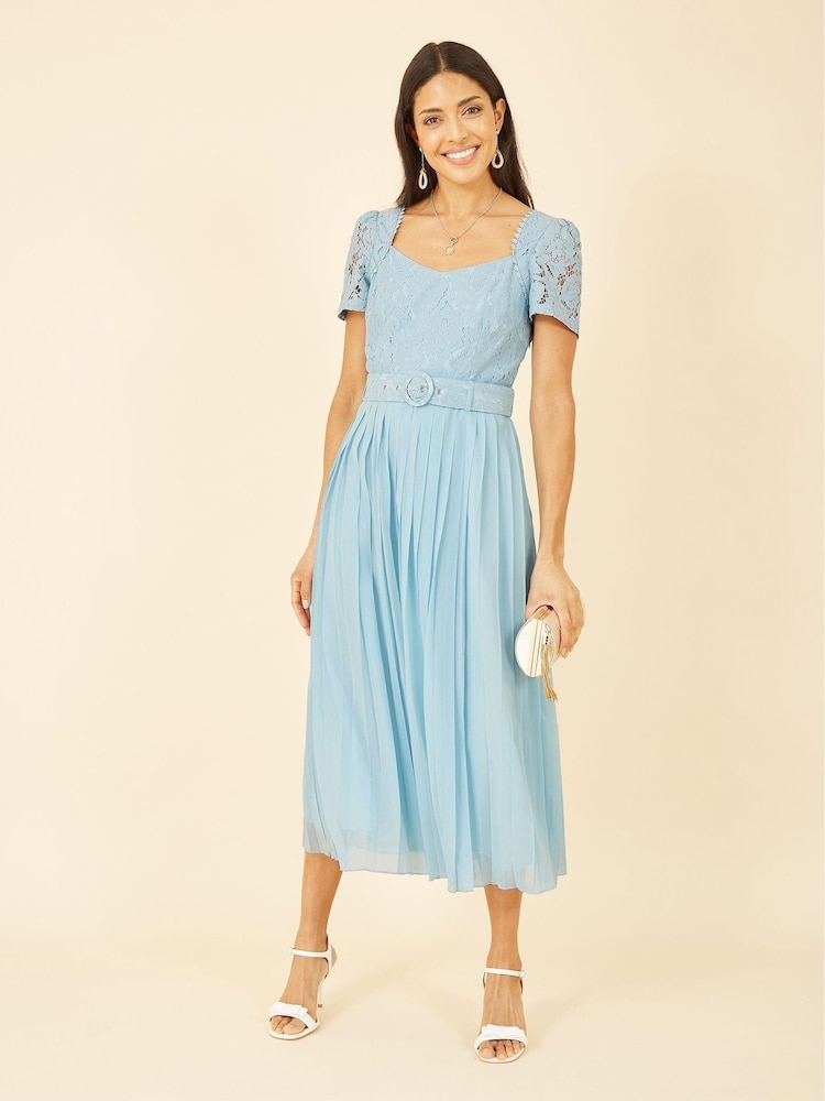 Yumi Blue Lace Dress With Pleated Skirt and Belt - Image 2 of 4