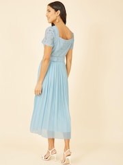 Yumi Blue Lace Dress With Pleated Skirt and Belt - Image 3 of 4