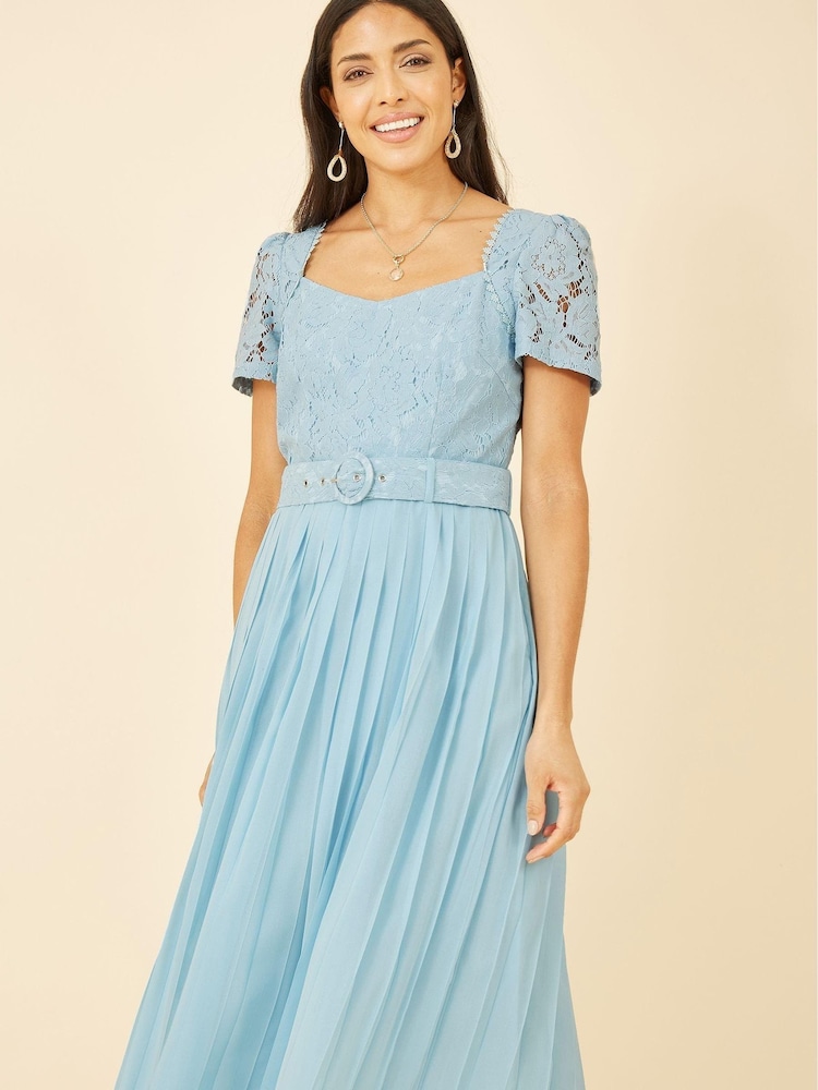 Yumi Blue Lace Dress With Pleated Skirt and Belt - Image 4 of 4