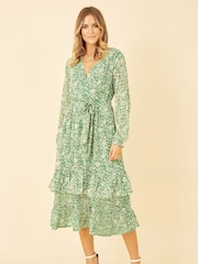 Yumi Green Multi Floral Wrap Long Sleeve Tiered Midi Dress - Image 1 of 1
