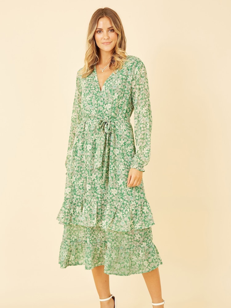 Yumi Green Multi Floral Wrap Long Sleeve Tiered Midi Dress - Image 1 of 1 Yumi Green Multi Floral Wrap Long Sleeve Tiered Midi Dress - Image 1 of 1