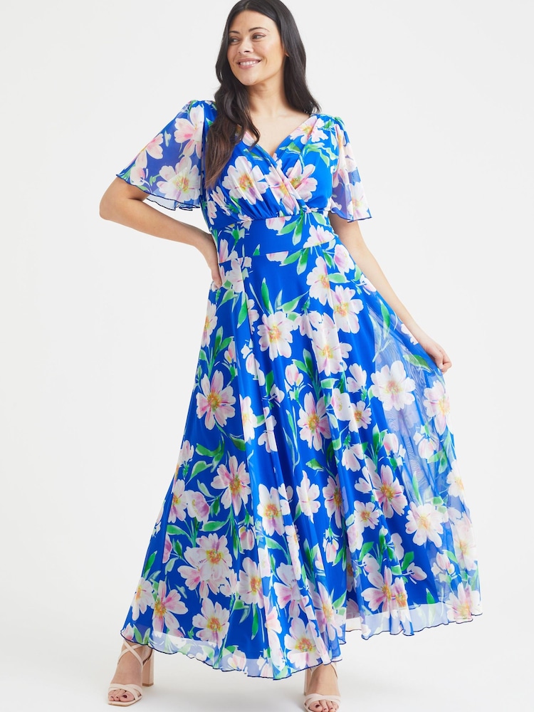 Scarlett & Jo Royal Blue Floral Isabelle Angel Sleeve Maxi Dress - Image 1 of 4