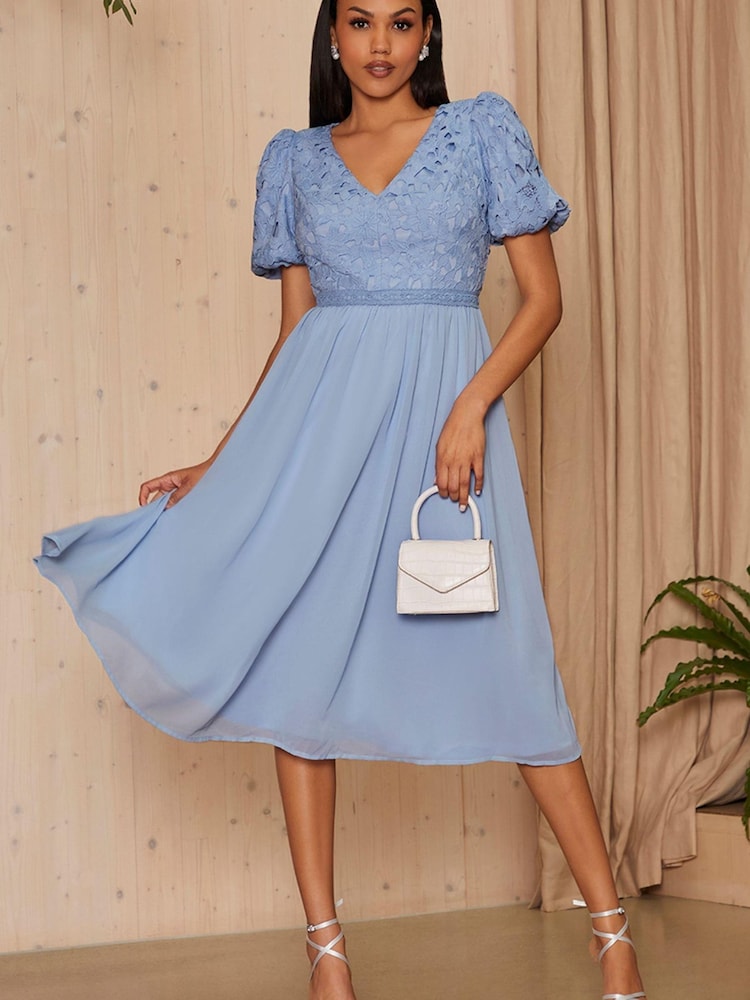 Buy Chi Chi London Light Blue Puff Sleeve Premium Lace Midi Dress